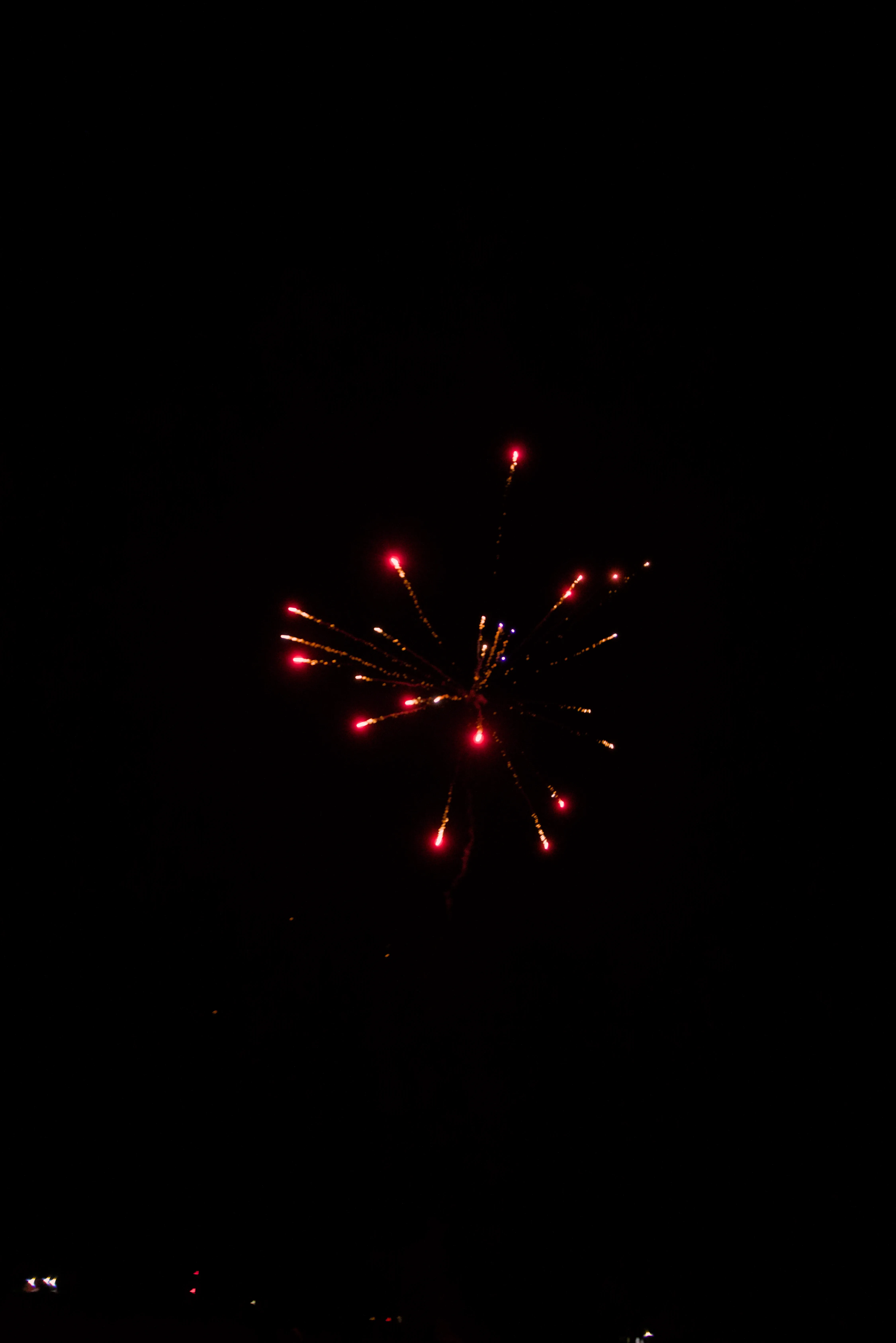 Fireworks in the black sky above Cadillac Ranch