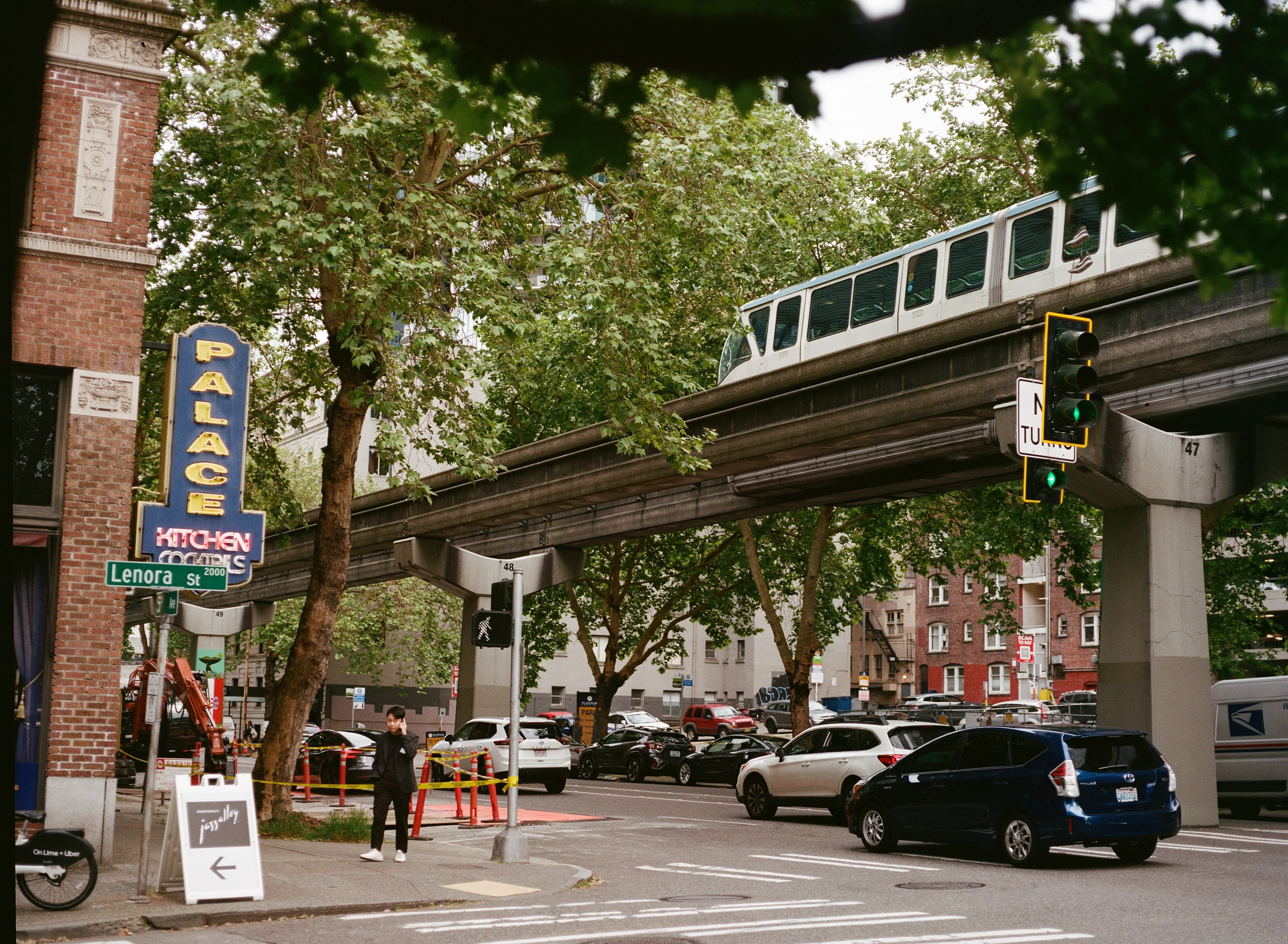 Seattle monorail passes over a street
