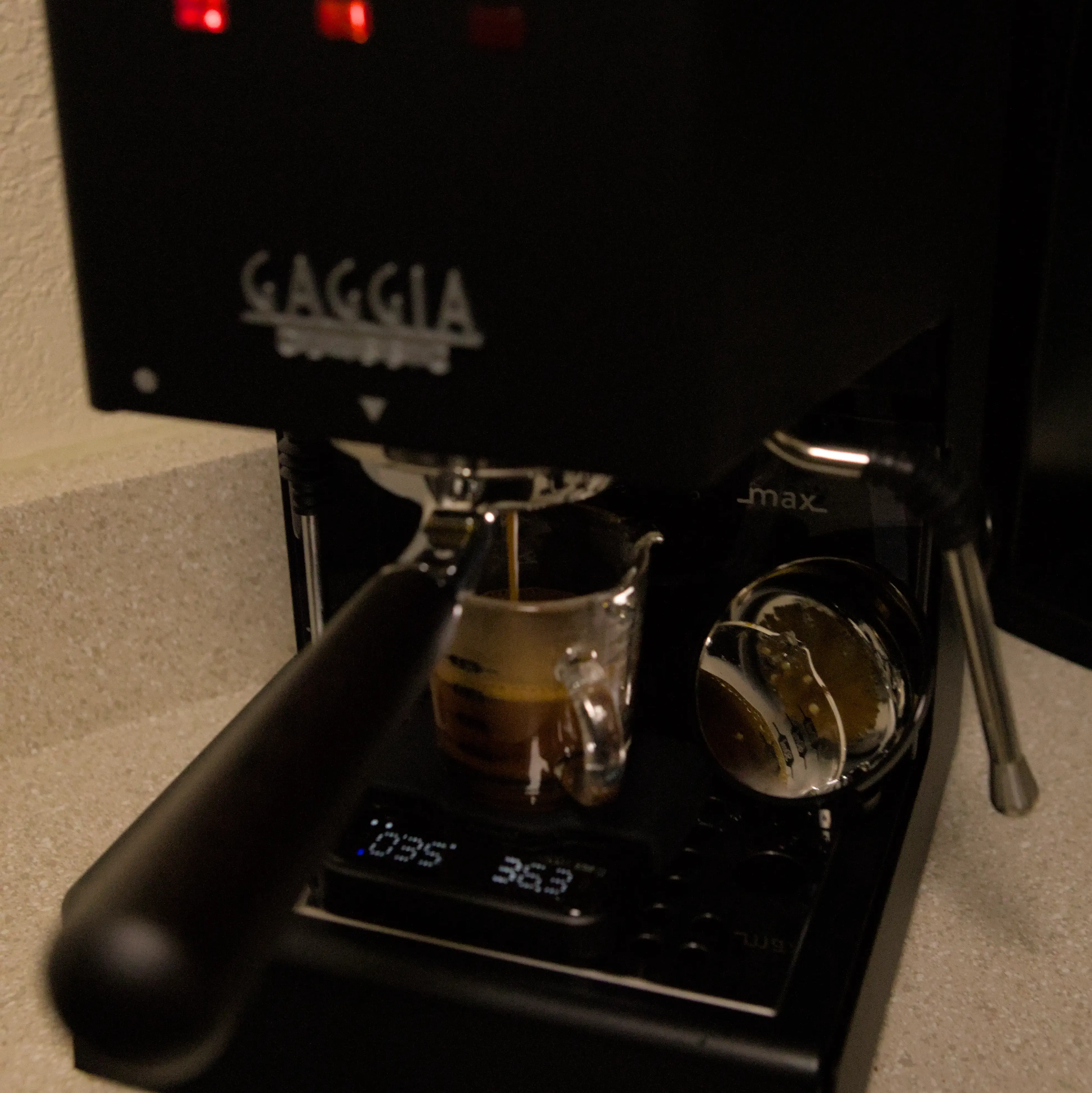 Espresso machine at the end of a shot