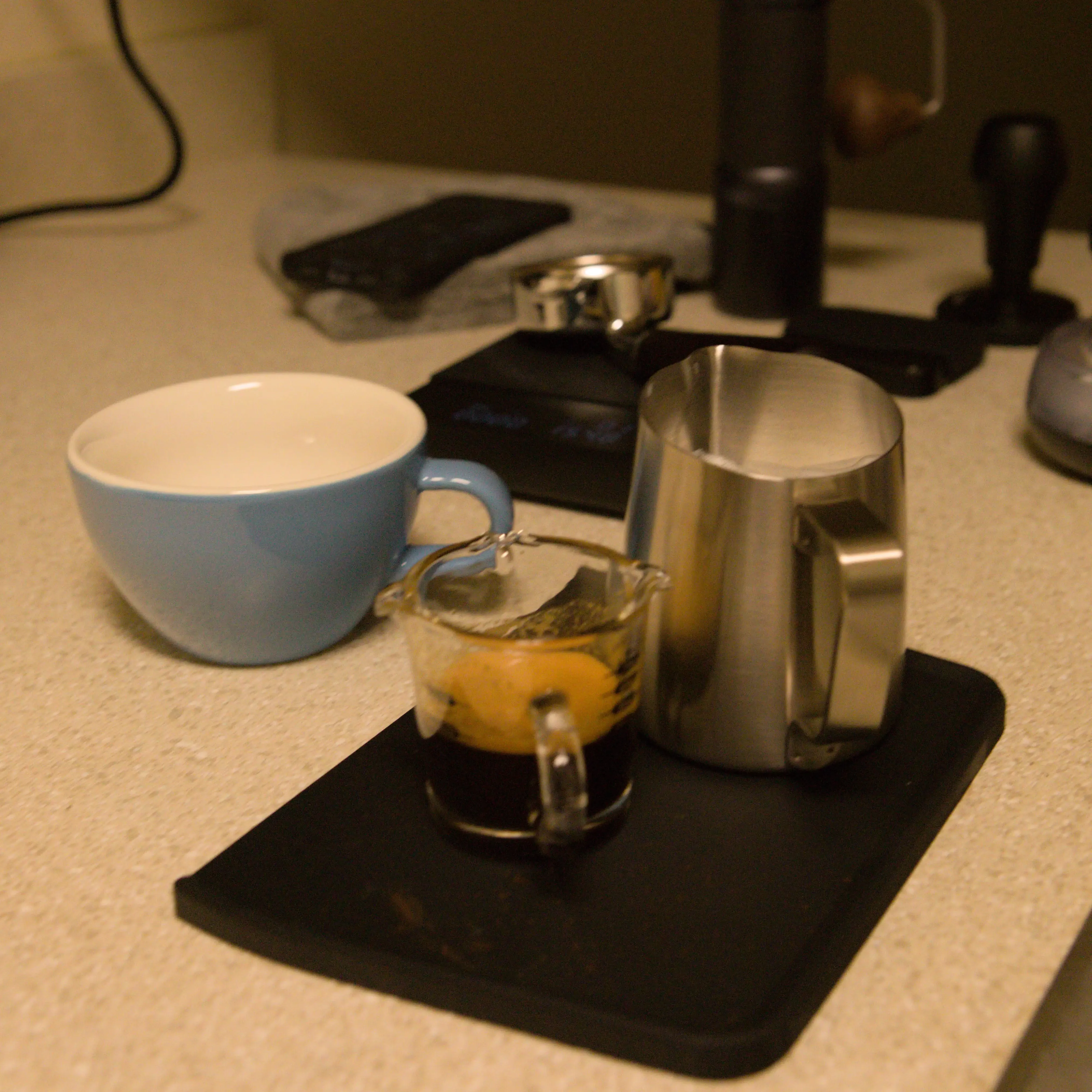 Counter preped to pour a latte