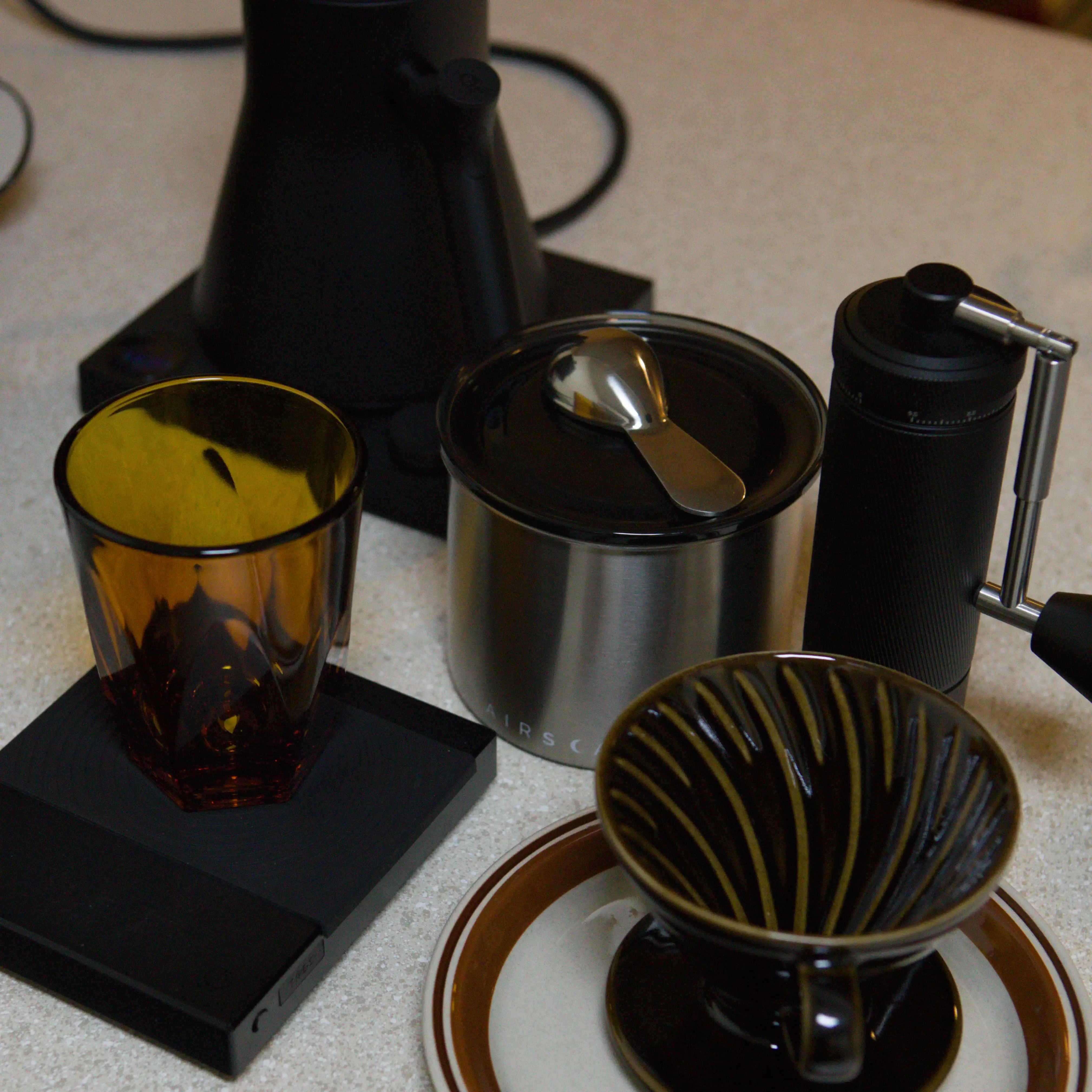 Counter prepped to brew a pour-over