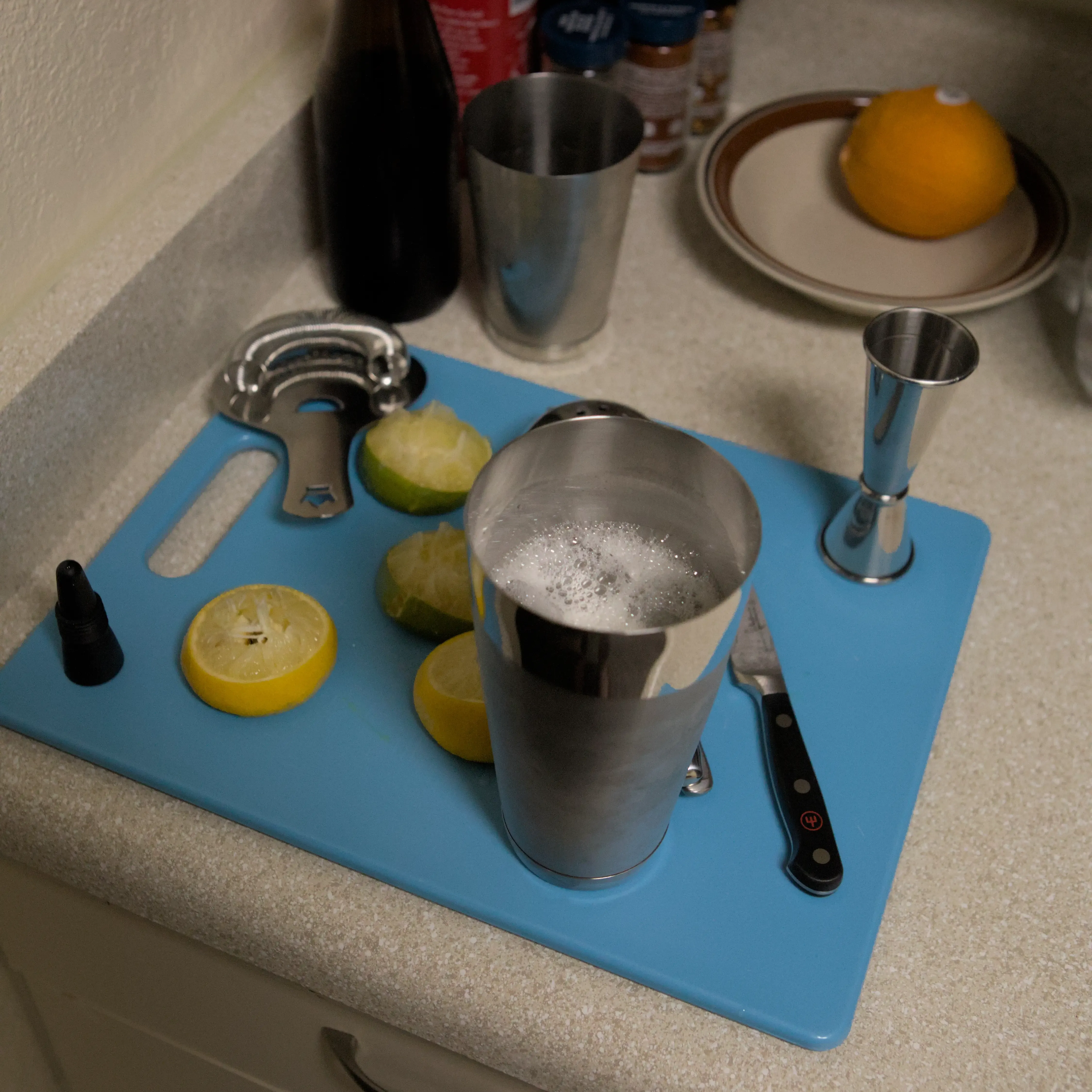 Boston shaker after the ingredients have been shaken together