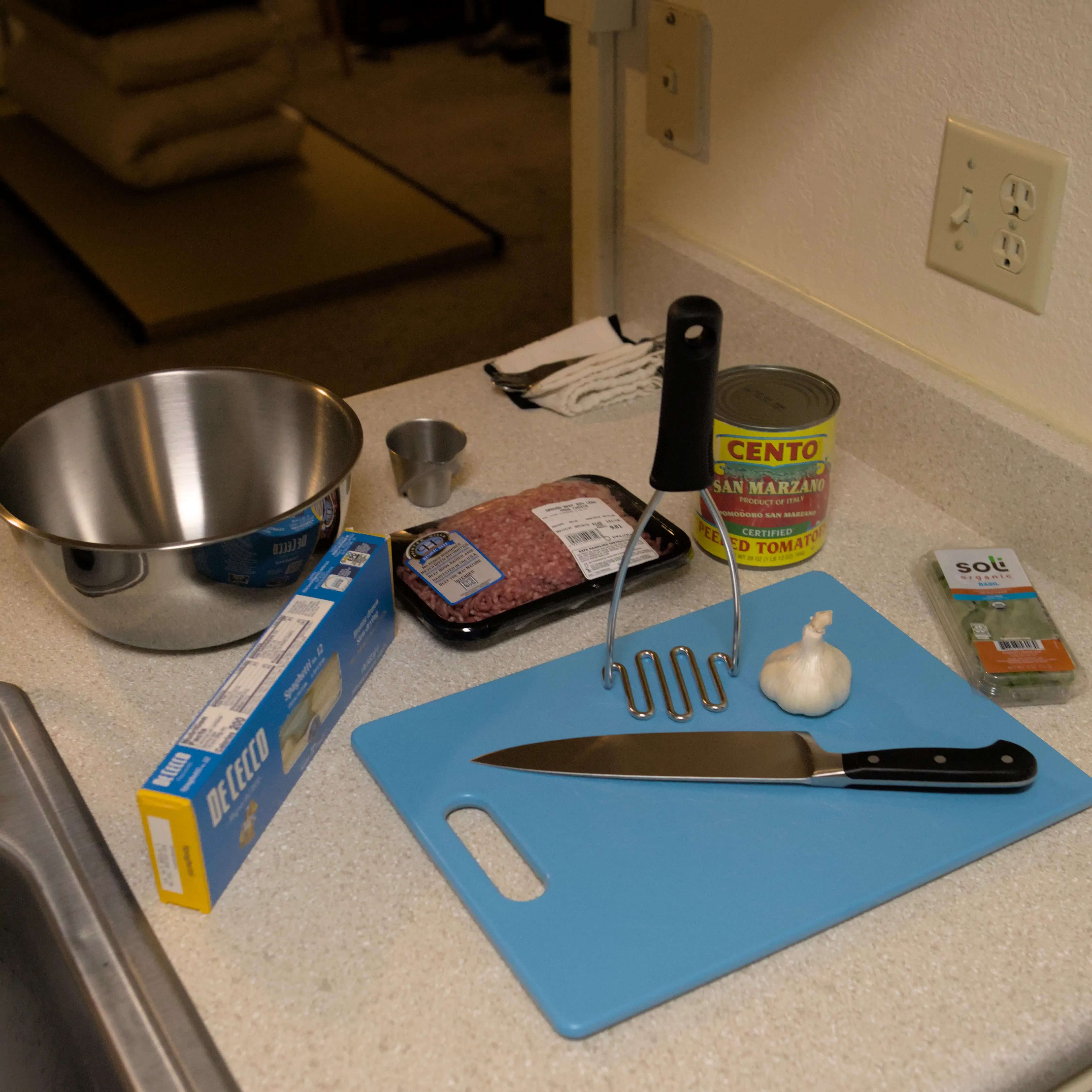 Pasta ingredients laid out