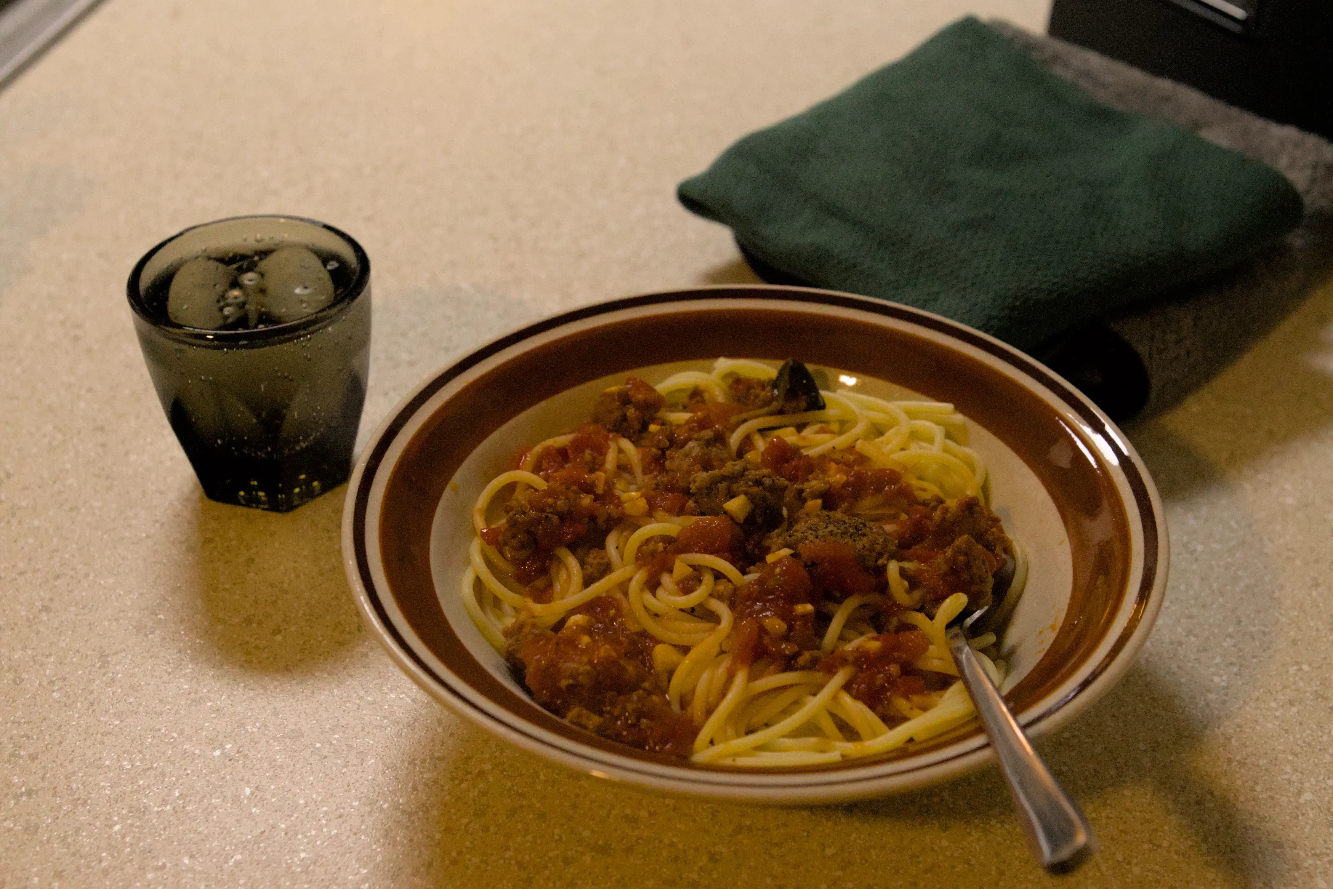 Bowl of Pasta with Seltzer Water